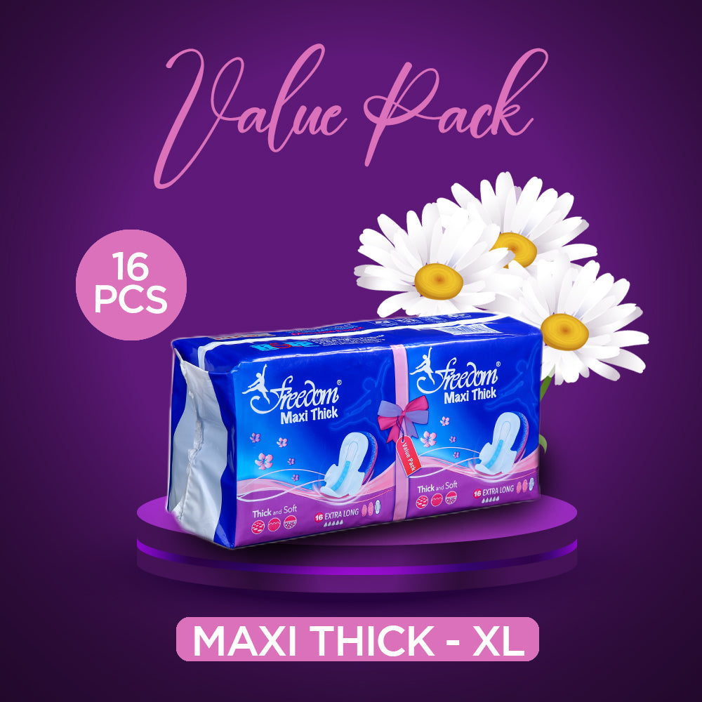 Freedom Maxi Thick XL Value Pack 16 Pcs sanitary napkins — thick, extra long and soft sanitary pads for heavy flow and overnight use in Pakistan.