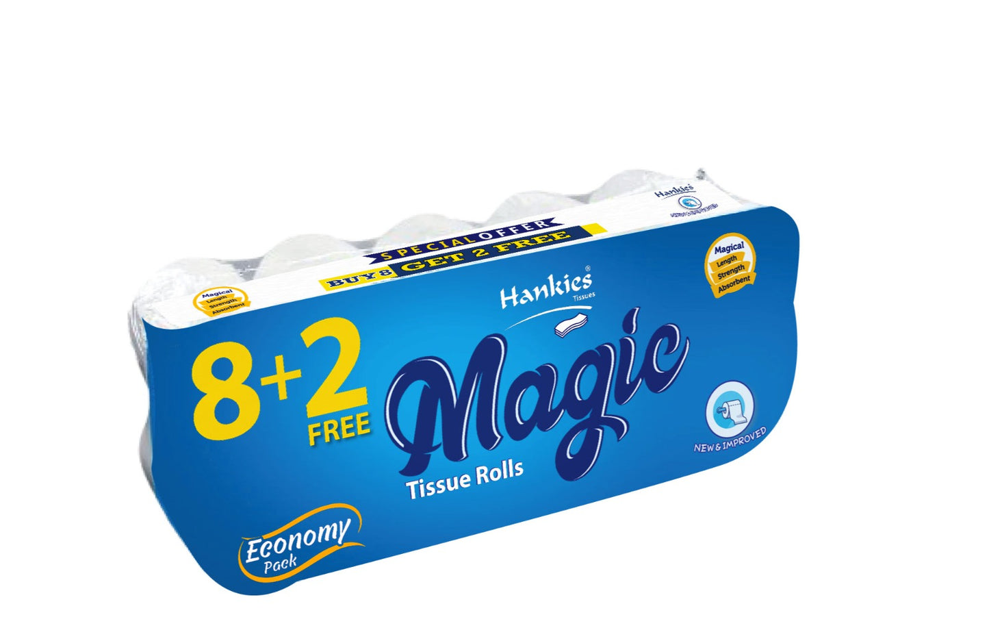 Hankies Magic Toilet Tissue Rolls 8+2 Free | Ultra Soft, Highly Absorbent, and Long-Lasting | Economy Pack