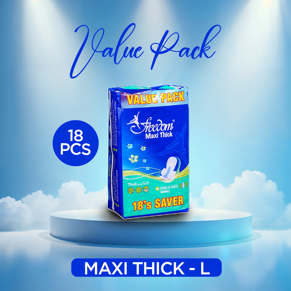 Freedom Maxi Thick Sanitary Napkins Value Pack– Long, 18 Pcs, Extra Absorbent, Leak-Proof, Comfortable, Long-Lasting Protection