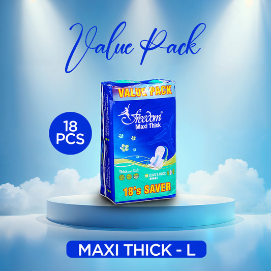 Freedom Maxi Thick Sanitary Napkins Value Pack– Long, 18 Pcs, Extra Absorbent, Leak-Proof, Comfortable, Long-Lasting Protection