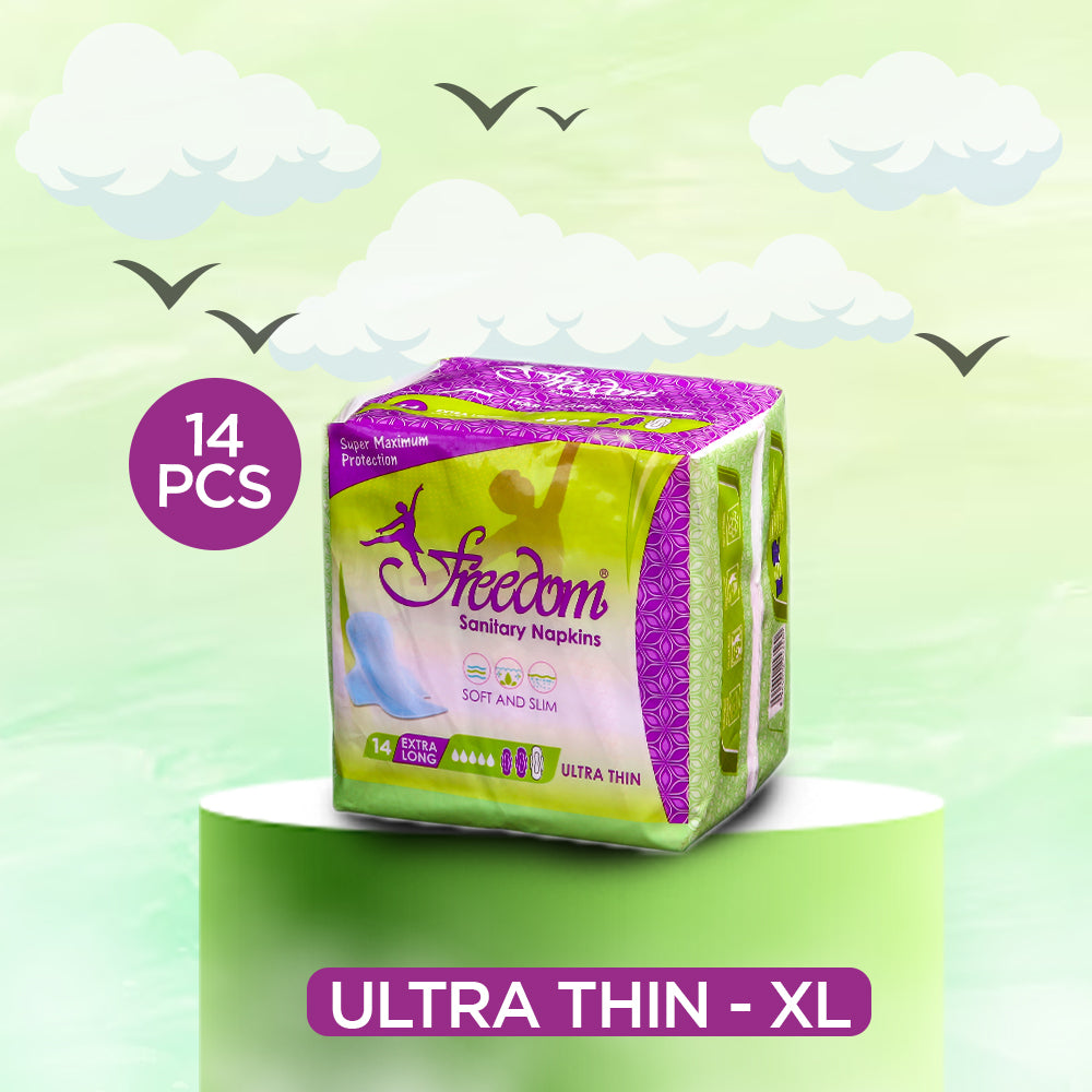 Freedom Ultra Thin Extra Long Sanitary Napkins – Value Pack 14 Pcs, Super Absorbent, Leak-Proof, Comfortable, Day & Night Protection