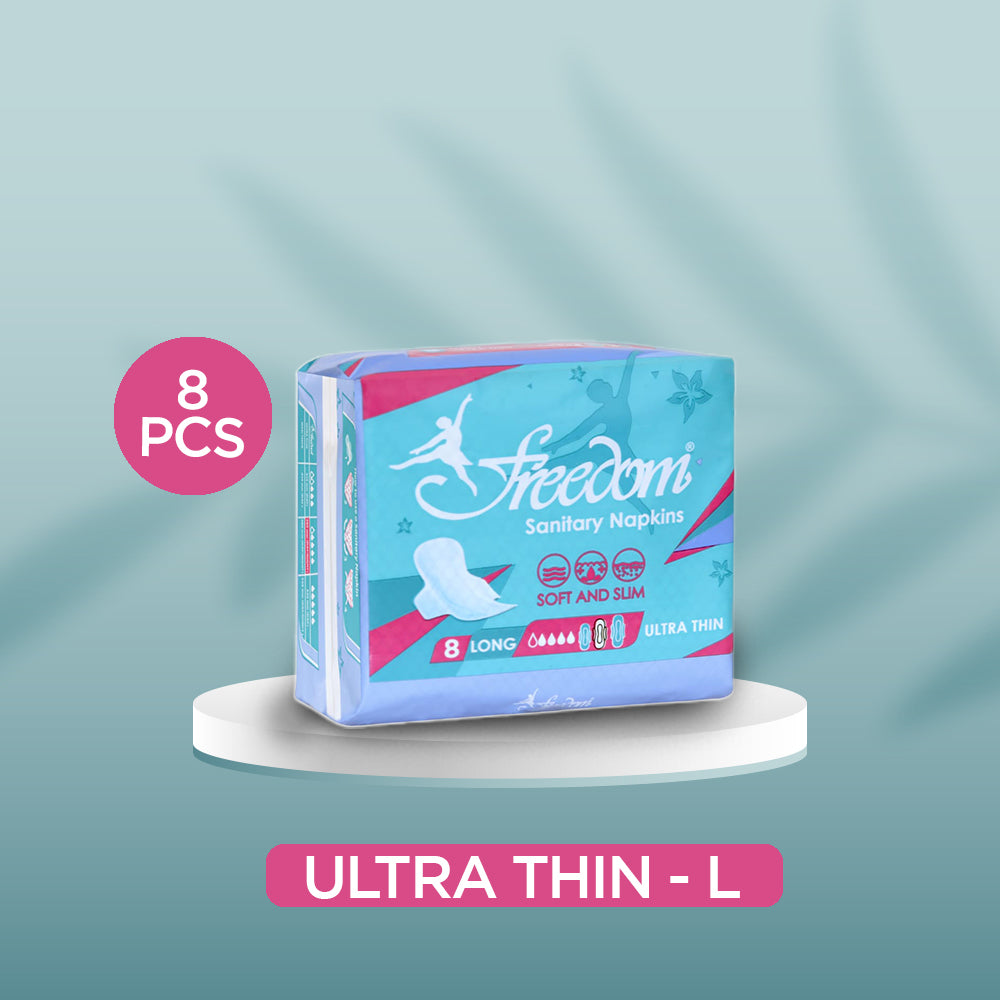 Freedom Ultra Thin Long Sanitary Napkins – 8 Pcs Single Pack, Super Absorbent, Leak-Proof, Comfortable, Extended Coverage